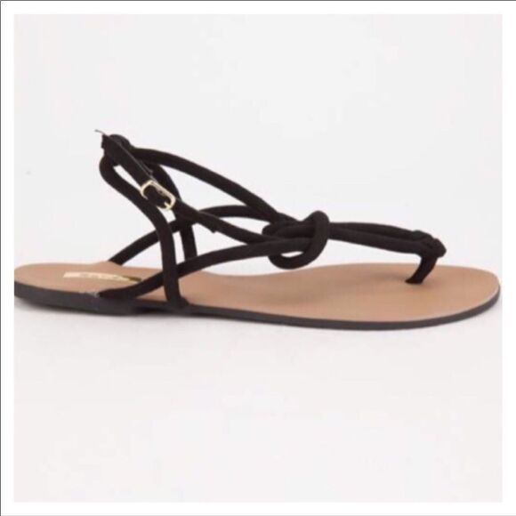 Black Rope T Strap Knot Buckle Closure Flat Sandals NEW - Picture 3 of 4